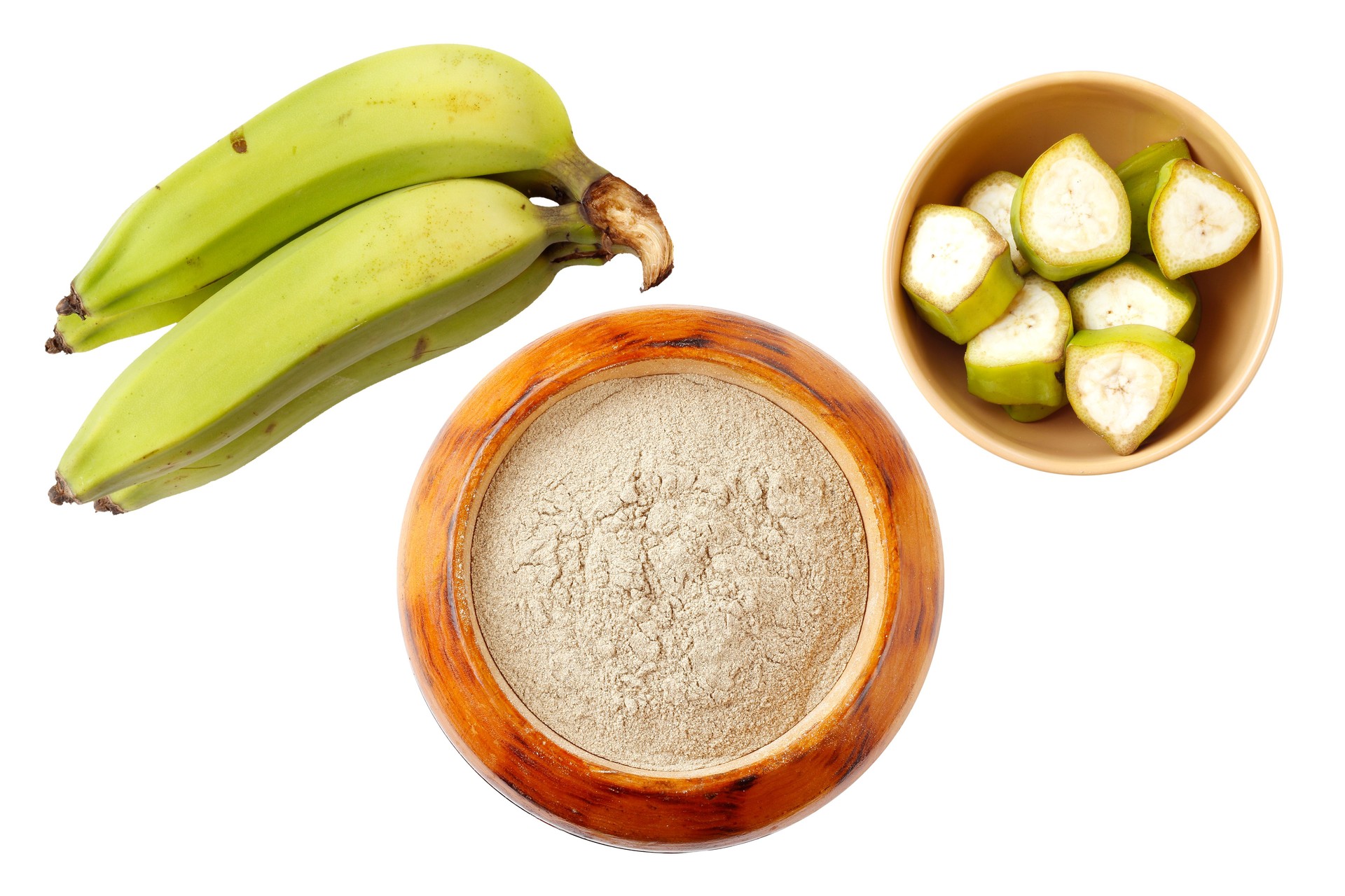 Organic green banana flour, crushed, raw and dry isolated white background. gluten free flour